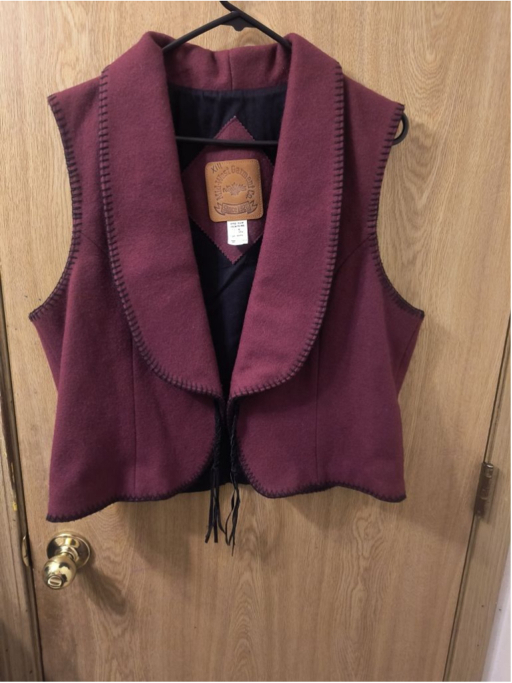 Vtg Mid-West Garment Co Wool Vest XL Burgundy Blanket Stitch Made in Canada Boho